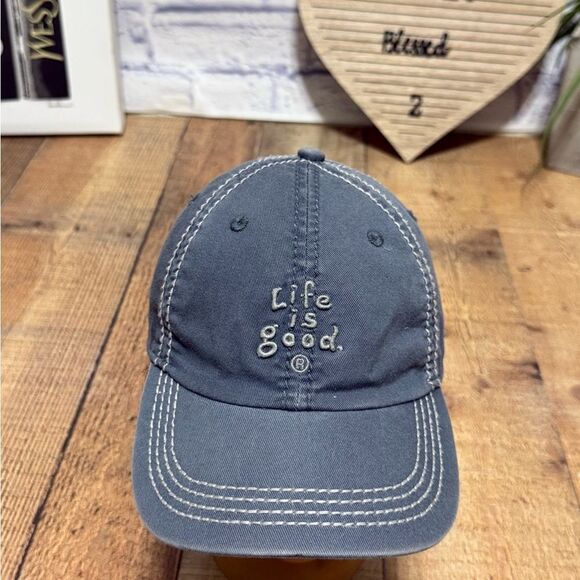 Life is Good Script Spellout Hat Strapback Cap Dad Blue Gray Thick Stitched - Picture 1 of 7